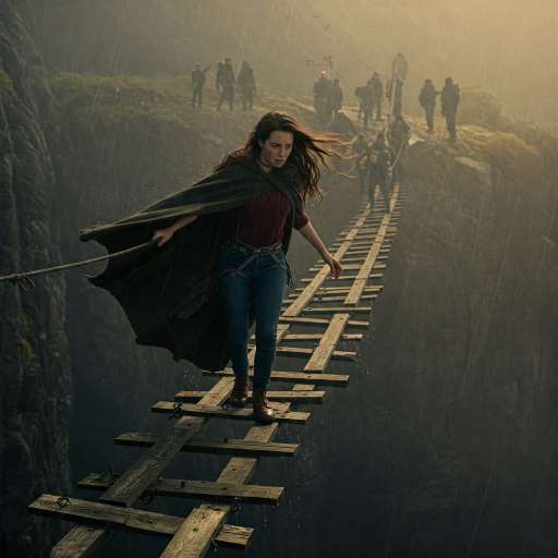 Perseverance is not a long race: Lina crosses a narrow, swaying wooden bridge