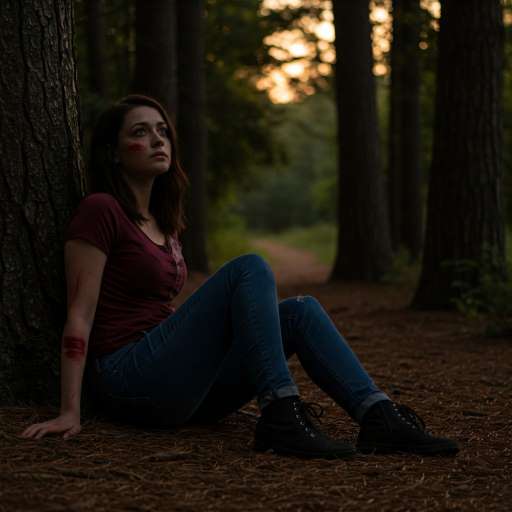 Lina sits on the forest floor at dusk
