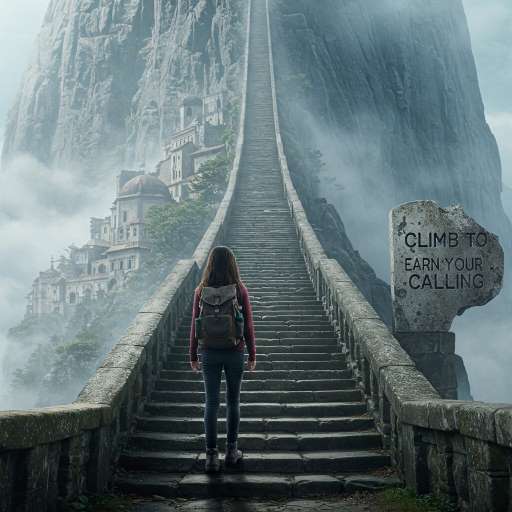 Perseverance is not a long race: Lina stands at the base of a tall, mist-covered mountain