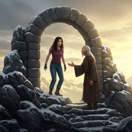 Lina steps through a stone archway at the summit
