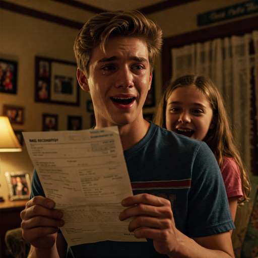 Malik holding a college acceptance letter, his young sister peers