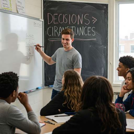 Malik in a classroom, surrounded by teens