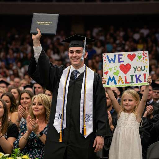 Malik in a graduation cap and gown