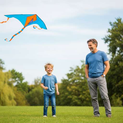 Man watching a young boy laughing as a kite falls