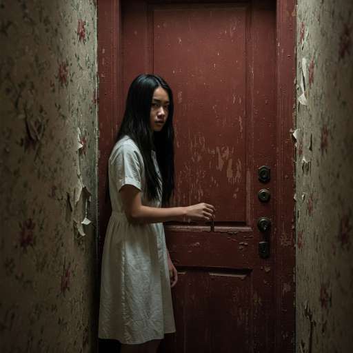 The most common way people give up:Maya in a simple dress standing in front of the door