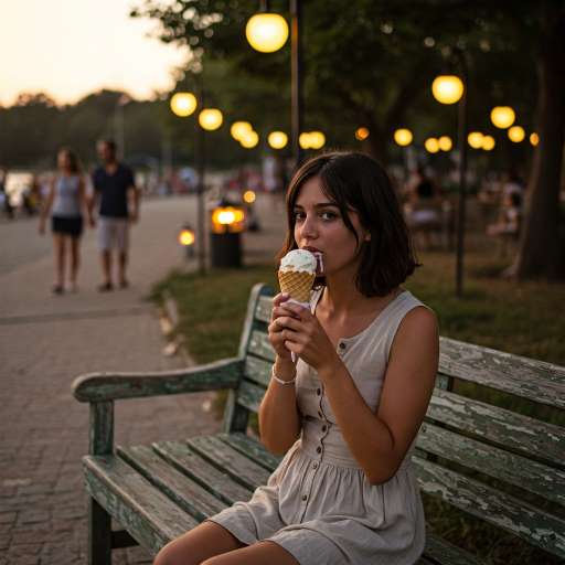 Maya sitting outside on a wooden bench, taking her first bite of the ice cream