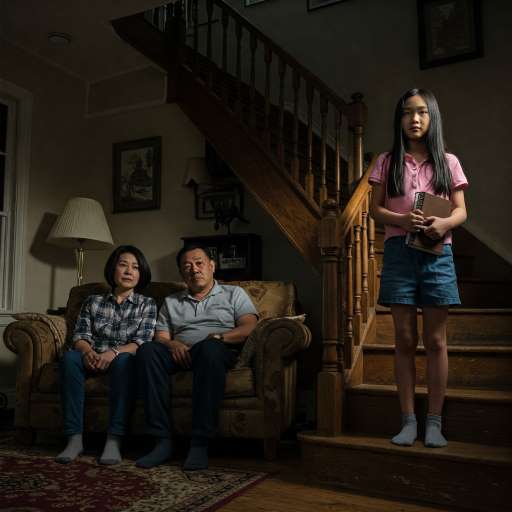 Maya stands at the bottom of a staircase, journal clutched tightly