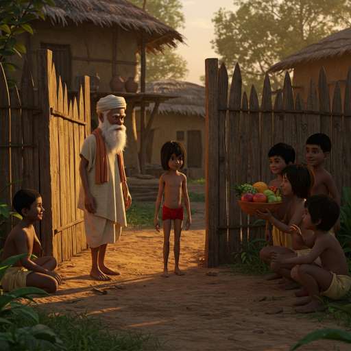 Mowgli approaches the village gate where an elder and curious childs await