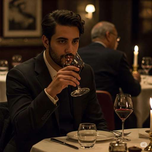 Millionaires don't use astrology: Noah’s face as he freezes mid-sip of his wine