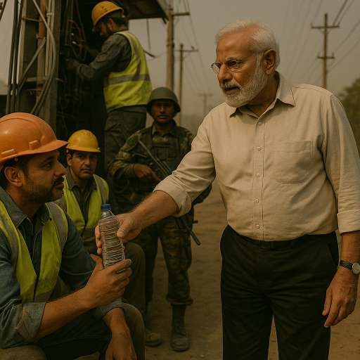 PM hands a water bottle to one of the electrical worker
