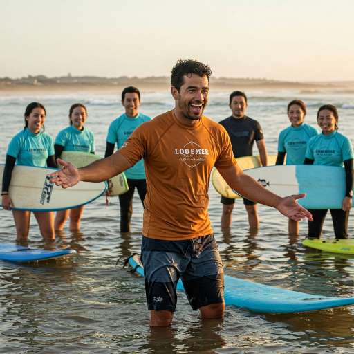 Sam demonstrating how to paddle on a surfboard to a group of beginners