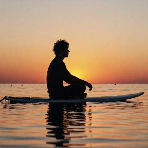 Sam sits cross-legged on his surfboard