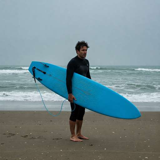 You cannot stop the waves: Sam stand barefoot on a wide, windswept beach with long surfboard