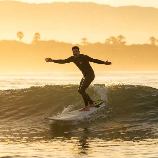 Sam stands upright on his surfboard