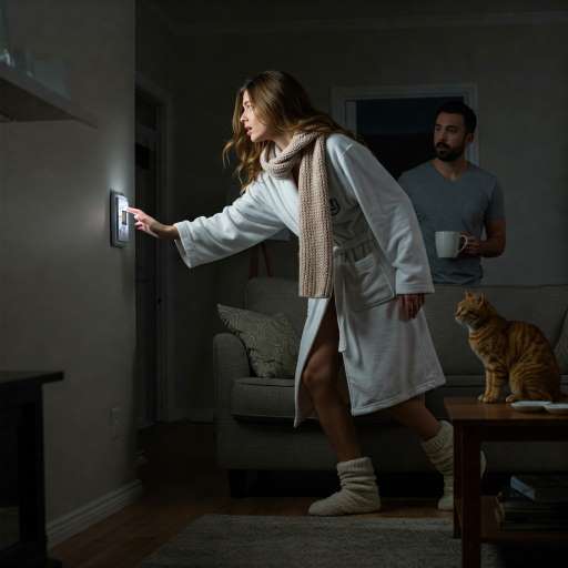 I am not arguing: Samantha is tiptoeing, Greg appears around the corner
