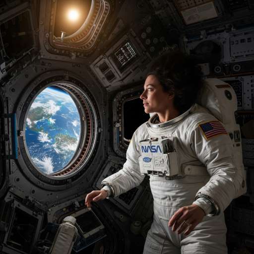 Talia floats near a circular window, weightless in her NASA suit