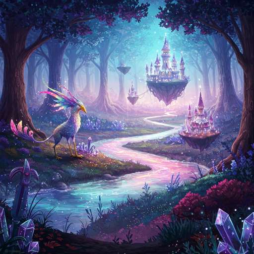 a magical forest with trees and mythical creatures