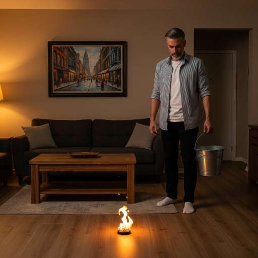 Whatever you fight: a man standing, looking at flame burning in the center of the floor