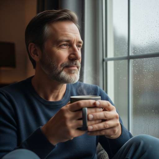 man sitting by a window, holding a cup of coffee