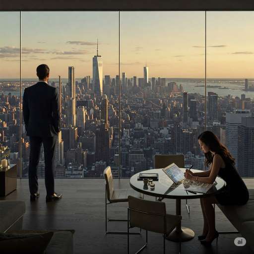 Millionaires don't use astrology: man stands in a sleek, glass-walled penthouse high above New York City