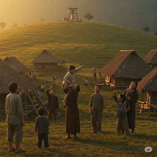 the villagers below the hill at sunrise
