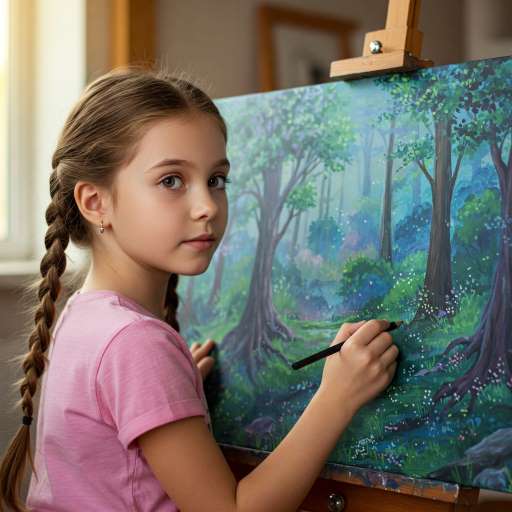 young girl drawing fantastical landscapes on canvas
