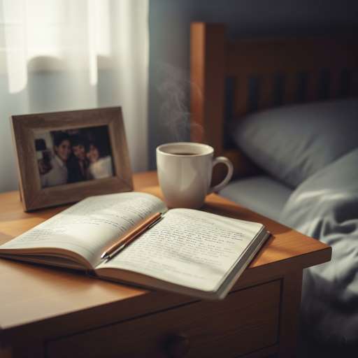 A Bedside Table with an Open Notebook