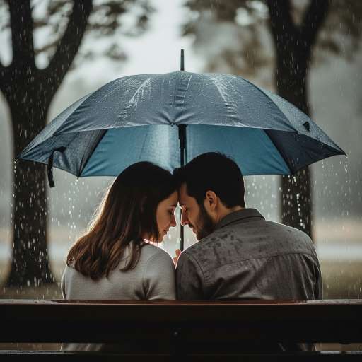 A Couple Sitting Close on under a shared umbrella