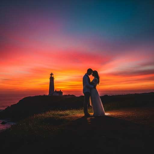 A Couple at Sunset on a Lighthouse or Cliff Edge