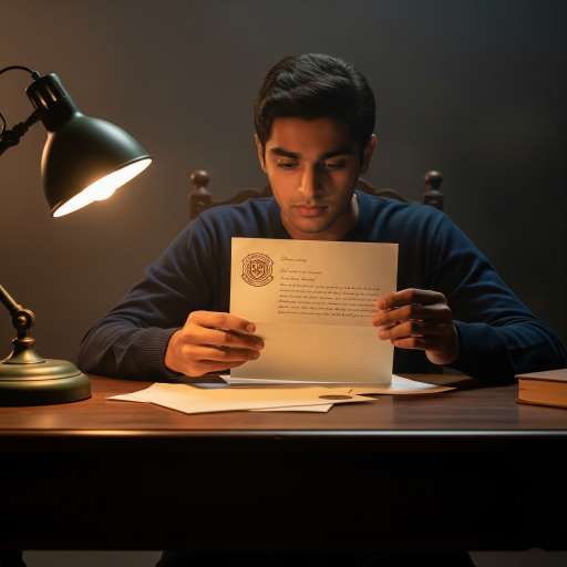A letter with Thick paper. Gold-embossed seal. Aarav’s hands