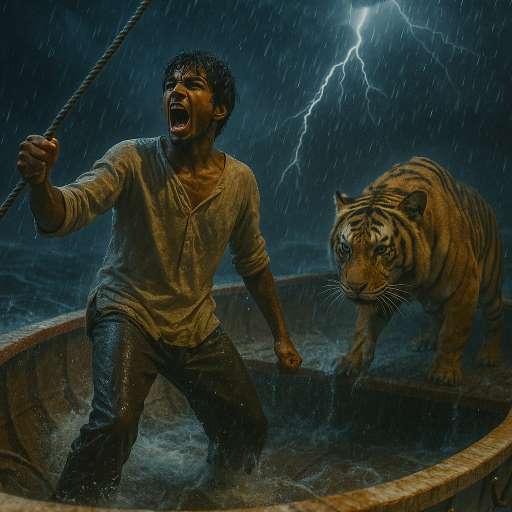 A massive storm engulfs the lifeboat at night