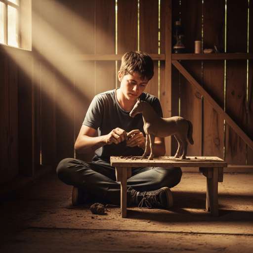 Through perseverance: A teenage boy with mud-stained hands sits next to clay horse