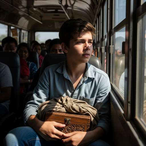 Aarav sits near the window in the bus ,holds a small wooden box