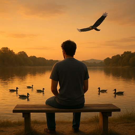 Adult Kunal sitting on a bench by the lake at sunset