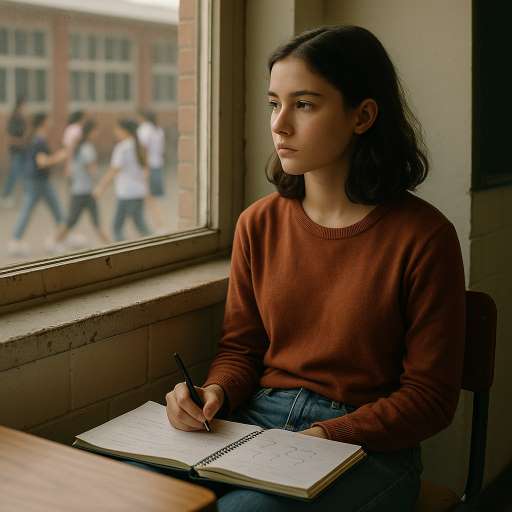 Sometimes it's best to stay silent: Anya sits alone by a classroom window during recess