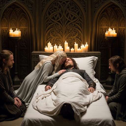 Aragorn lies peacefully on a white-covered bed, surrounded by family