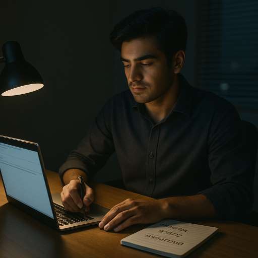 Arjun at his desk at night, writing an email