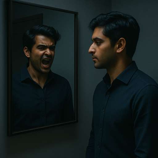 Arjun in a dim room, looking into a mirror