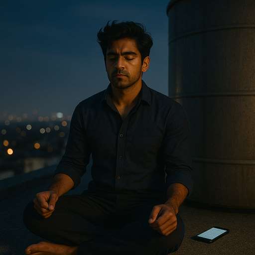 Arjun meditating on the cold rooftop floor