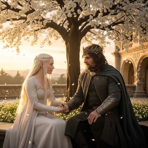 I would rather spend one lifetime with you: Arwen and Aragorn sit beneath a blossoming white tree