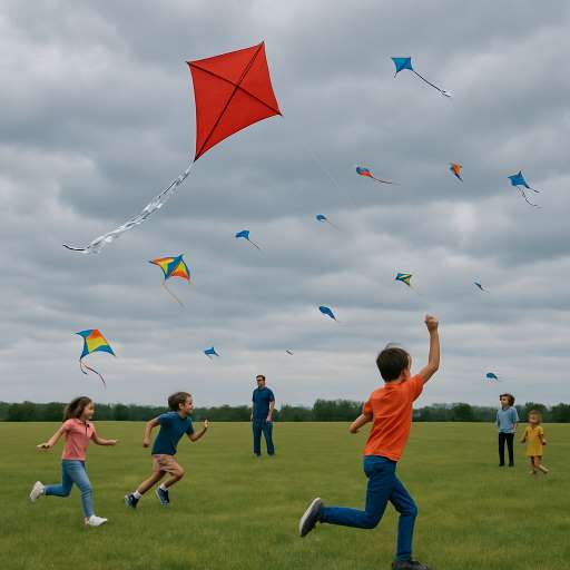 Children tugging kites in grassy field