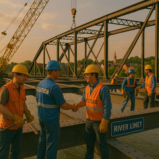 Cranes and construction workers span both riverbanks
