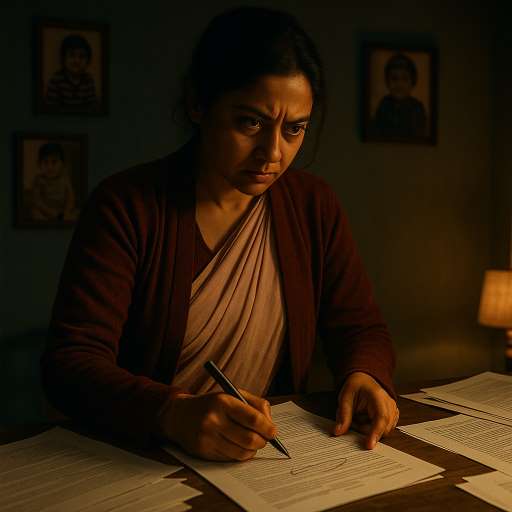 It is not the size of the dog in the fight: Debika alone in her modest apartment at night, surrounded by legal papers
