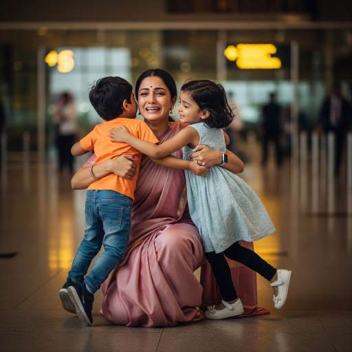 Debika kneels as her children run into her arms