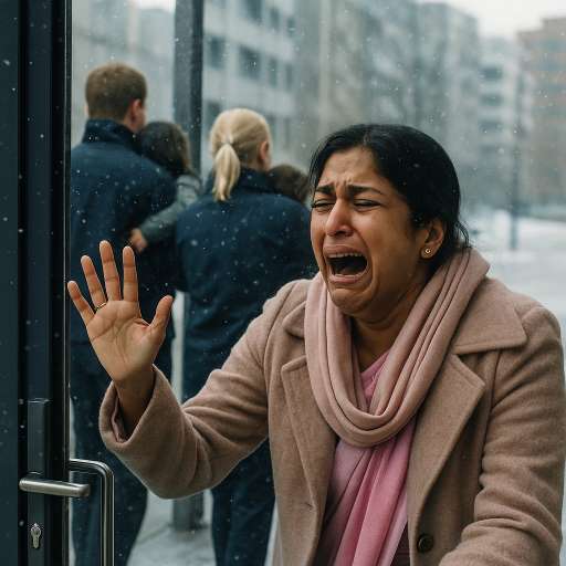 It is not the size of the dog in the fight: Debika, screams through a glass door as two officials walk away with her child