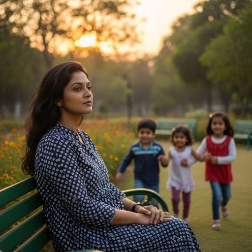 Debika sits on a park bench in India