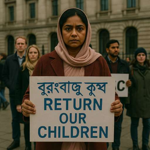 Debika stands holding a handmade sign in Bengali and English with supporters