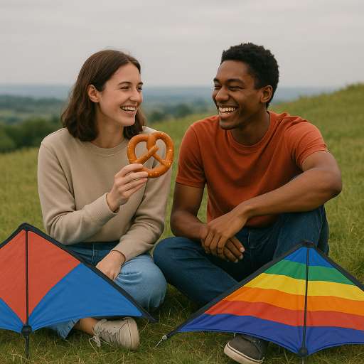 Elena and Micah sitting on a grassy hill with kites beside them