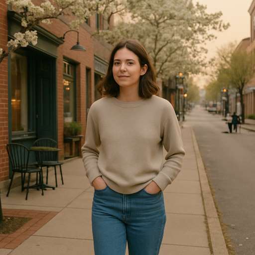 Always find time for the things: Elena walking down a quiet city street in early morning light