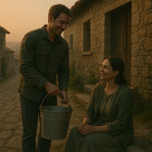 Elias helping an elderly neighbour carry water